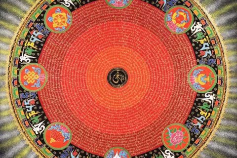 编号138-695279：彩绘唐卡-六字真言坛城（50*50CM左右）