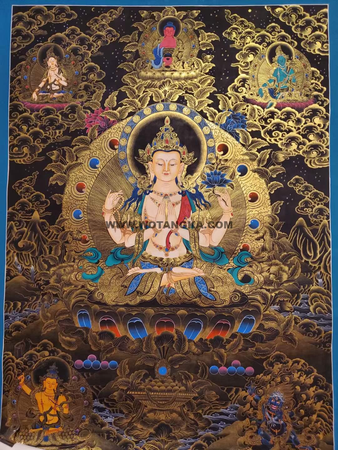 编号160-859395：黑金唐卡-四臂观音·三怙主（65*40CM左右）