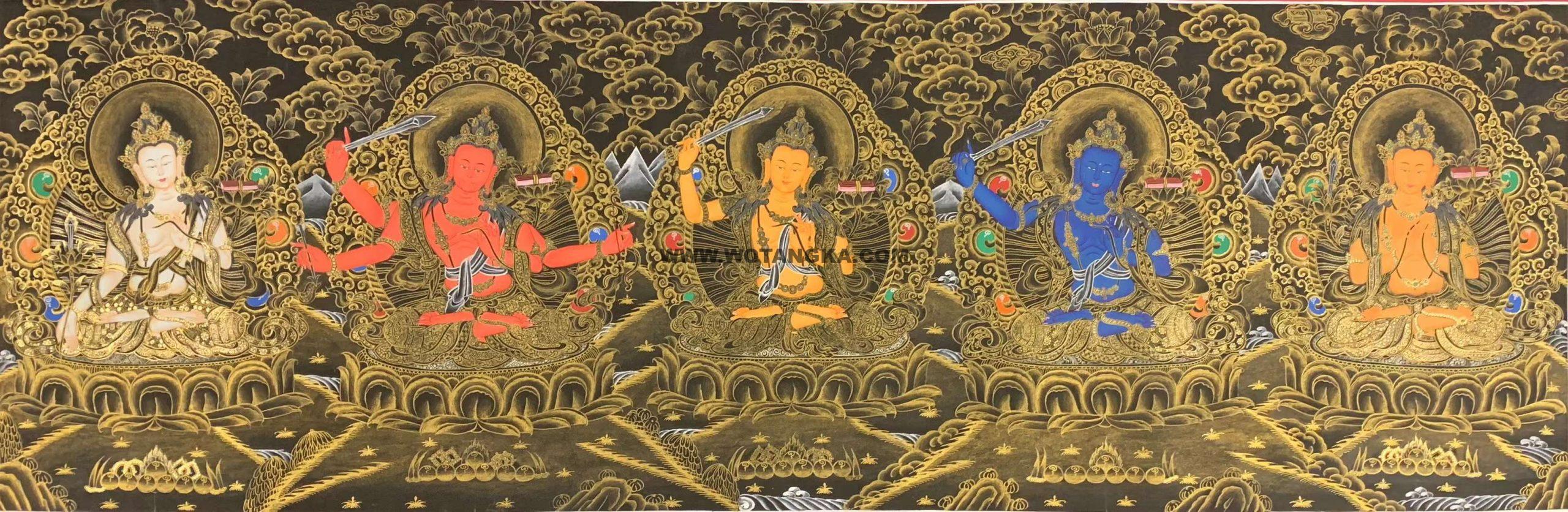 编号172-319208：黑金唐卡-文殊菩萨·五部文殊（35*100CM左右）