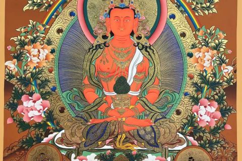 编号173-255879：红金唐卡-长寿佛·长寿三尊（75*55CM左右）