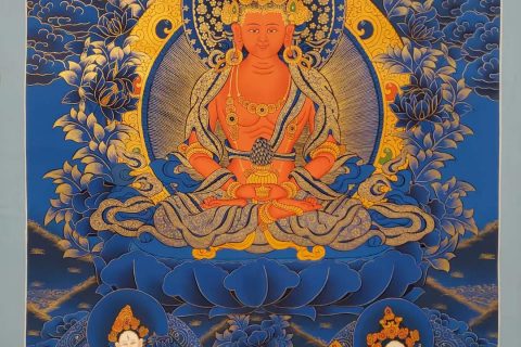 编号173-345279：蓝金唐卡-长寿佛·长寿三尊（75*50CM左右）