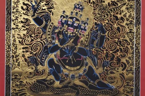 编号173-747438：黑金唐卡-四面四臂玛哈嘎拉（125*90CM左右）