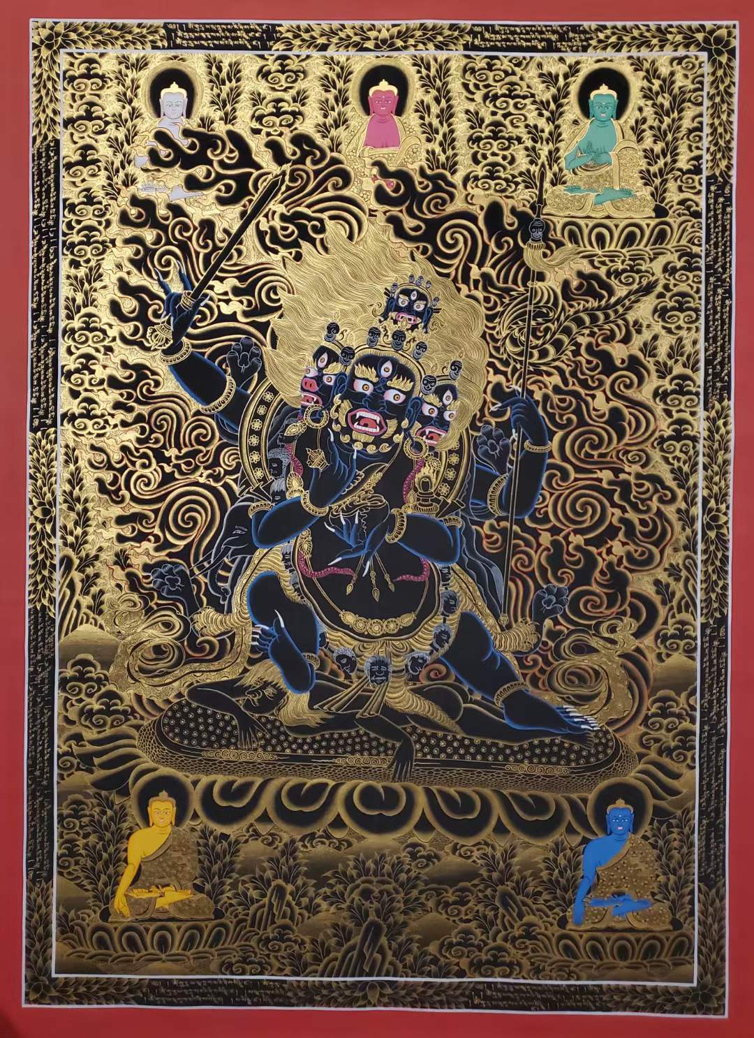编号173-747438:黑金唐卡-四面四臂玛哈嘎拉(125*90CM左右)