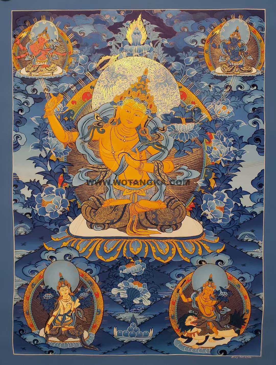 编号173-890581：蓝金唐卡-文殊菩萨·五部文殊（75*55CM左右）