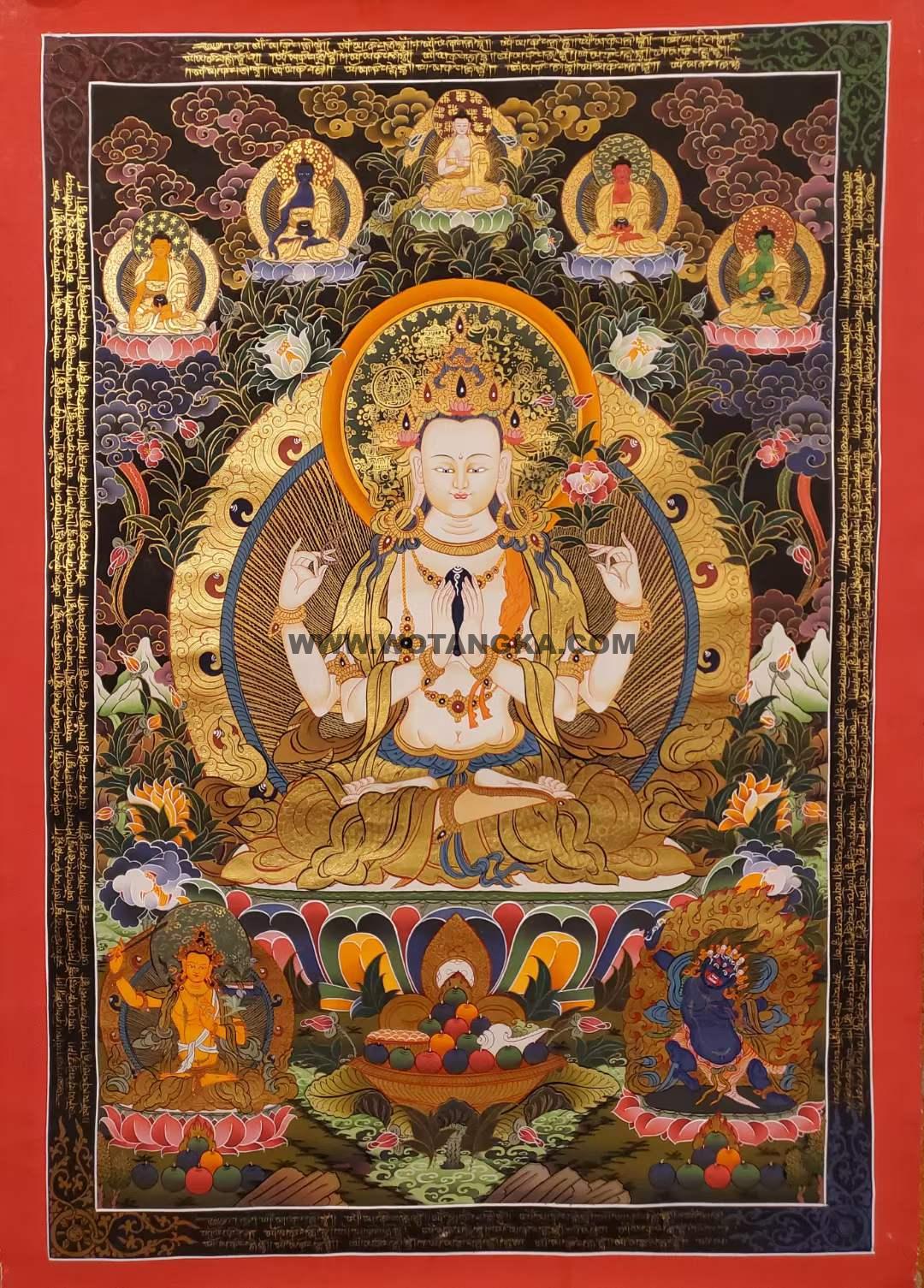编号173-965062：彩绘唐卡-四臂观音·三怙主（80*60CM左右）