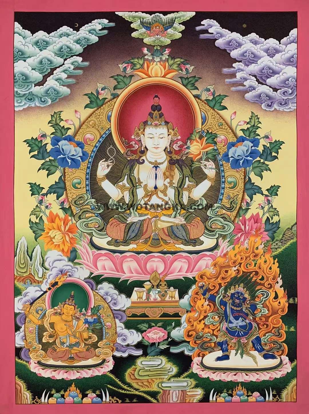 编号182-116461：彩绘唐卡-四臂观音·三怙主（70*50CM左右）