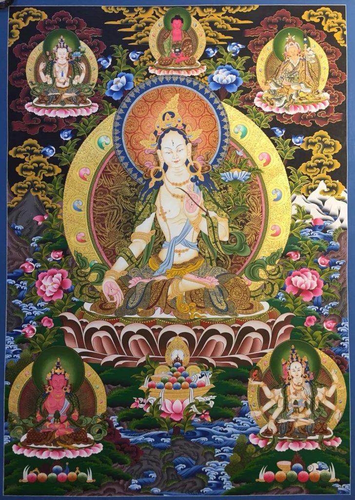 编号182-459911：彩绘唐卡-白度母·长寿三尊（100*75CM左右）