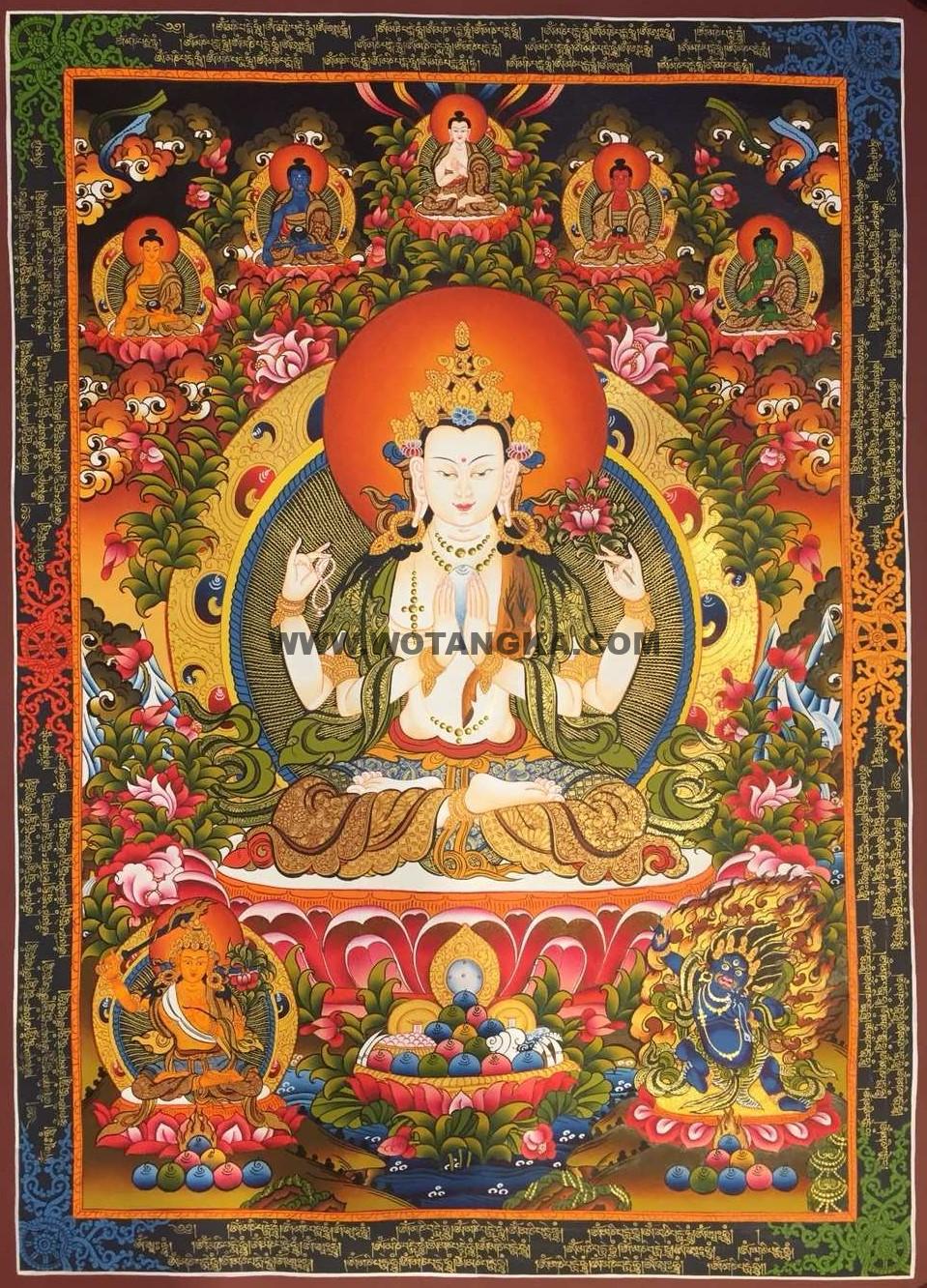 编号182-502306：彩绘唐卡-四臂观音·三怙主（70*50CM左右）