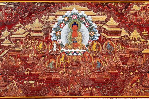 编号188-889325：红金唐卡-阿弥陀佛·极乐世界（130*233CM左右）