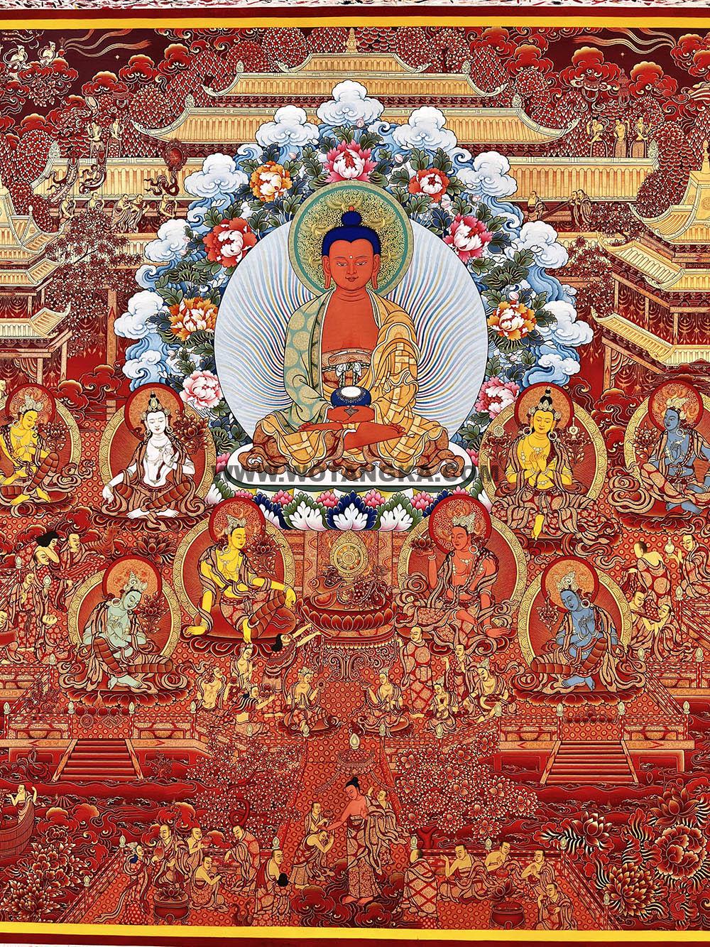 编号188-889325：红金唐卡-阿弥陀佛·极乐世界（130*233CM左右）