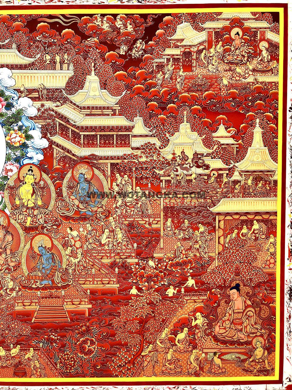 编号188-889325：红金唐卡-阿弥陀佛·极乐世界（130*233CM左右）