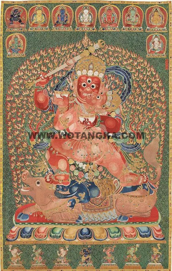 沃唐卡编号AC38383：明永乐御制红阎摩敌刺绣唐卡