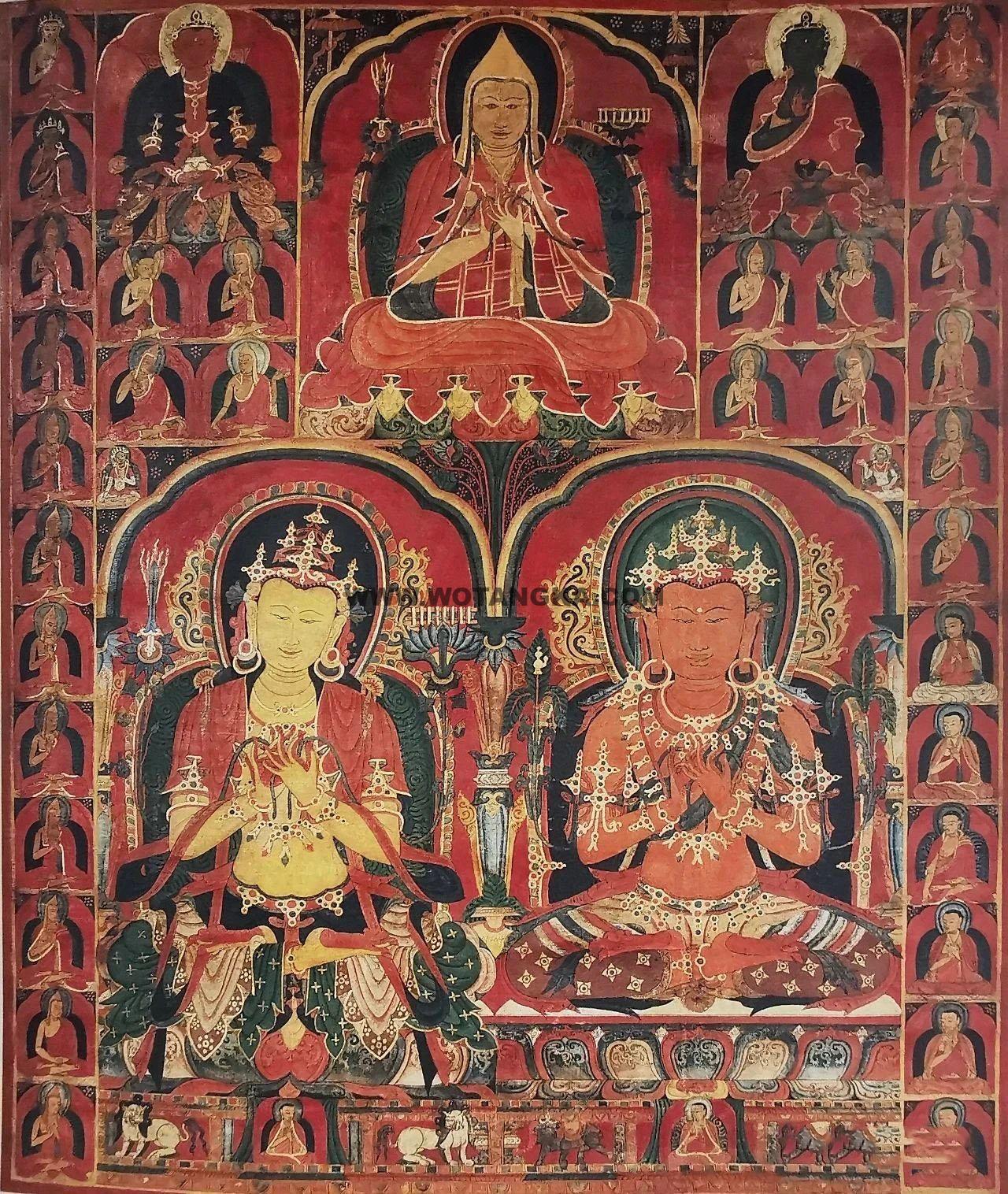 沃唐卡编号AC88097：宗喀巴及中观派和瑜伽行派传承上师图