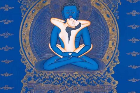 编号138-257519：蓝金唐卡-普贤王如来双修（80*48CM左右）