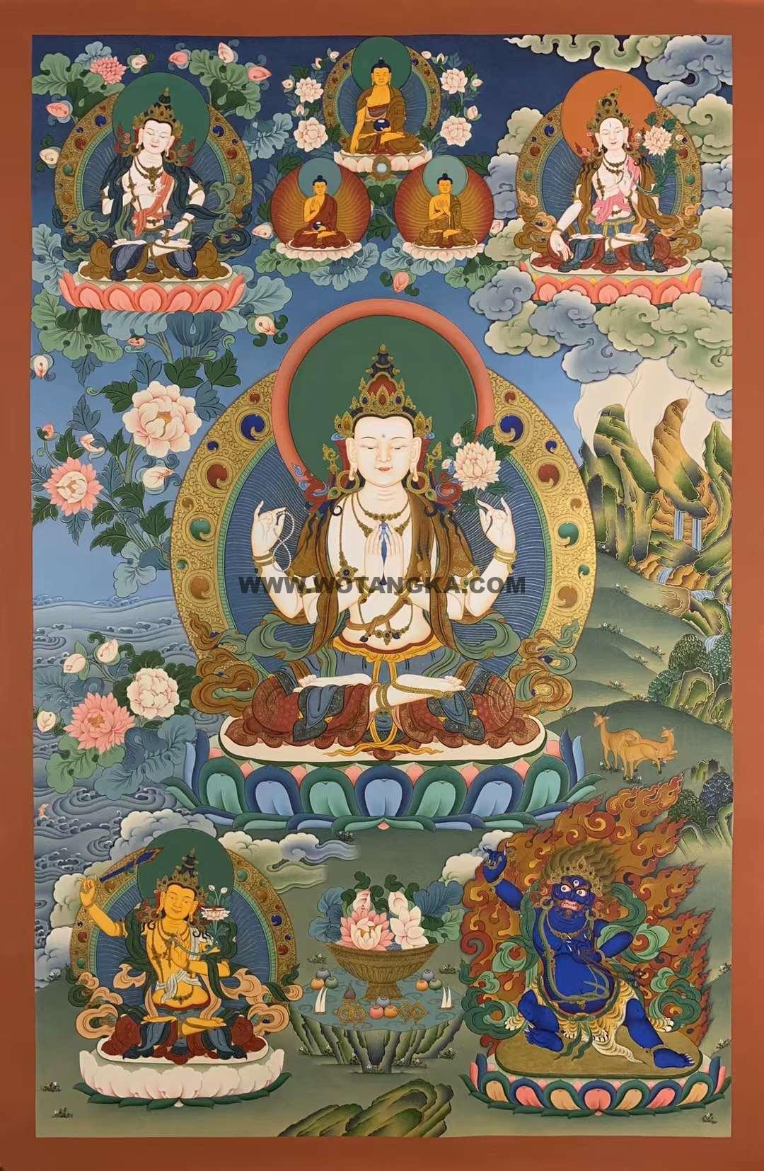 编号157-453983：彩绘唐卡-四臂观音·三怙主（100*70CM左右）