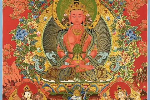 编号157-465677：彩绘唐卡-长寿佛·长寿三尊（75*55CM左右）