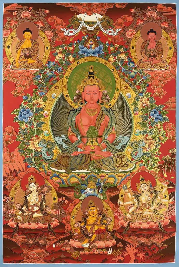 编号157-465677：彩绘唐卡-长寿佛·长寿三尊（75*55CM左右）
