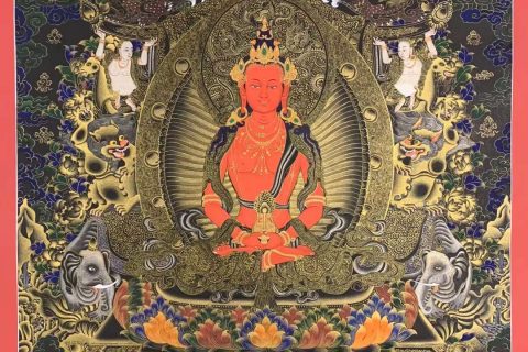 编号157-735582：黑金唐卡-长寿佛·长寿三尊（70*50CM左右）