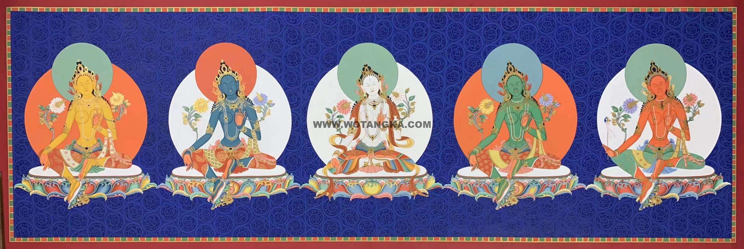 编号157-914444:彩绘唐卡-白度母·五方度母(65*200CM左右)