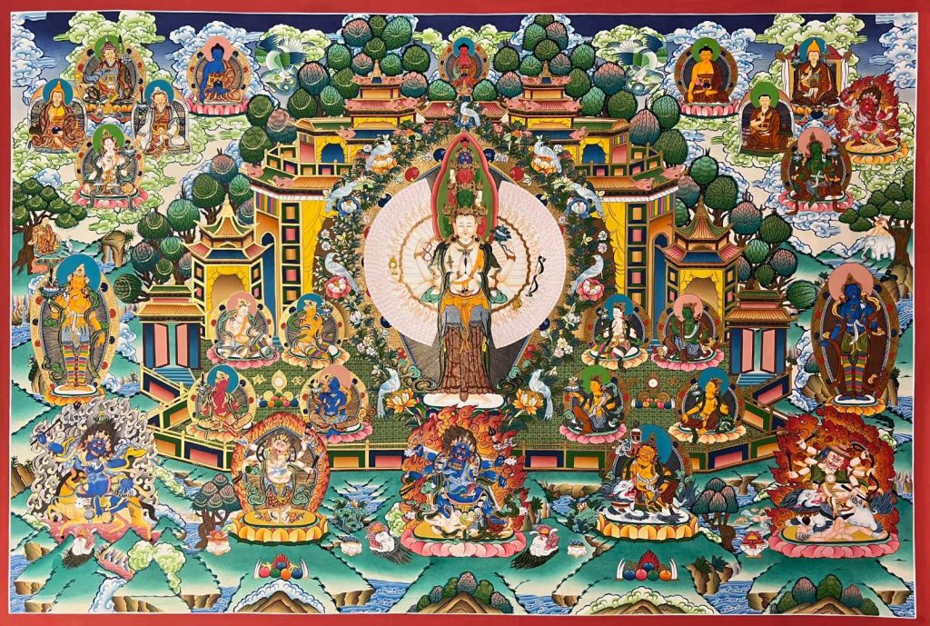 编号160-583612：彩绘唐卡-千手观音·极乐世界（110*160CM左右）