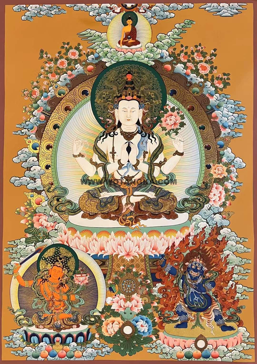 编号173-214309：彩绘唐卡-四臂观音·三怙主（75*55CM左右）