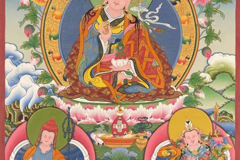 编号173-318347：彩绘唐卡-莲花生大士·师君三尊（60*40CM左右）