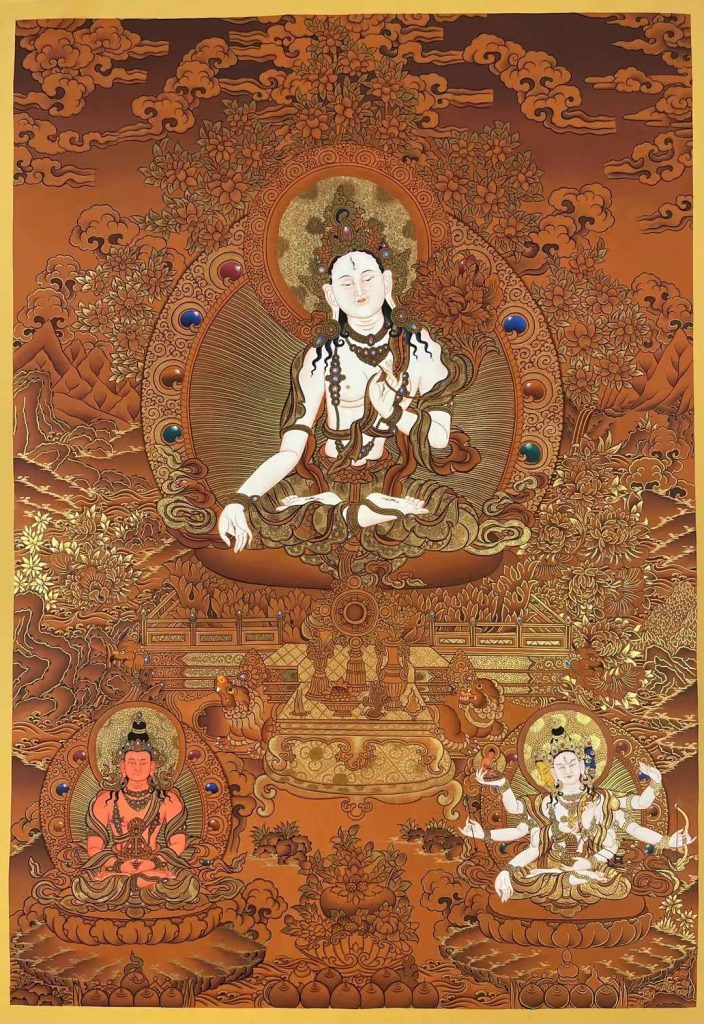 编号173-537342：红金唐卡-白度母·长寿三尊（75*55CM左右）