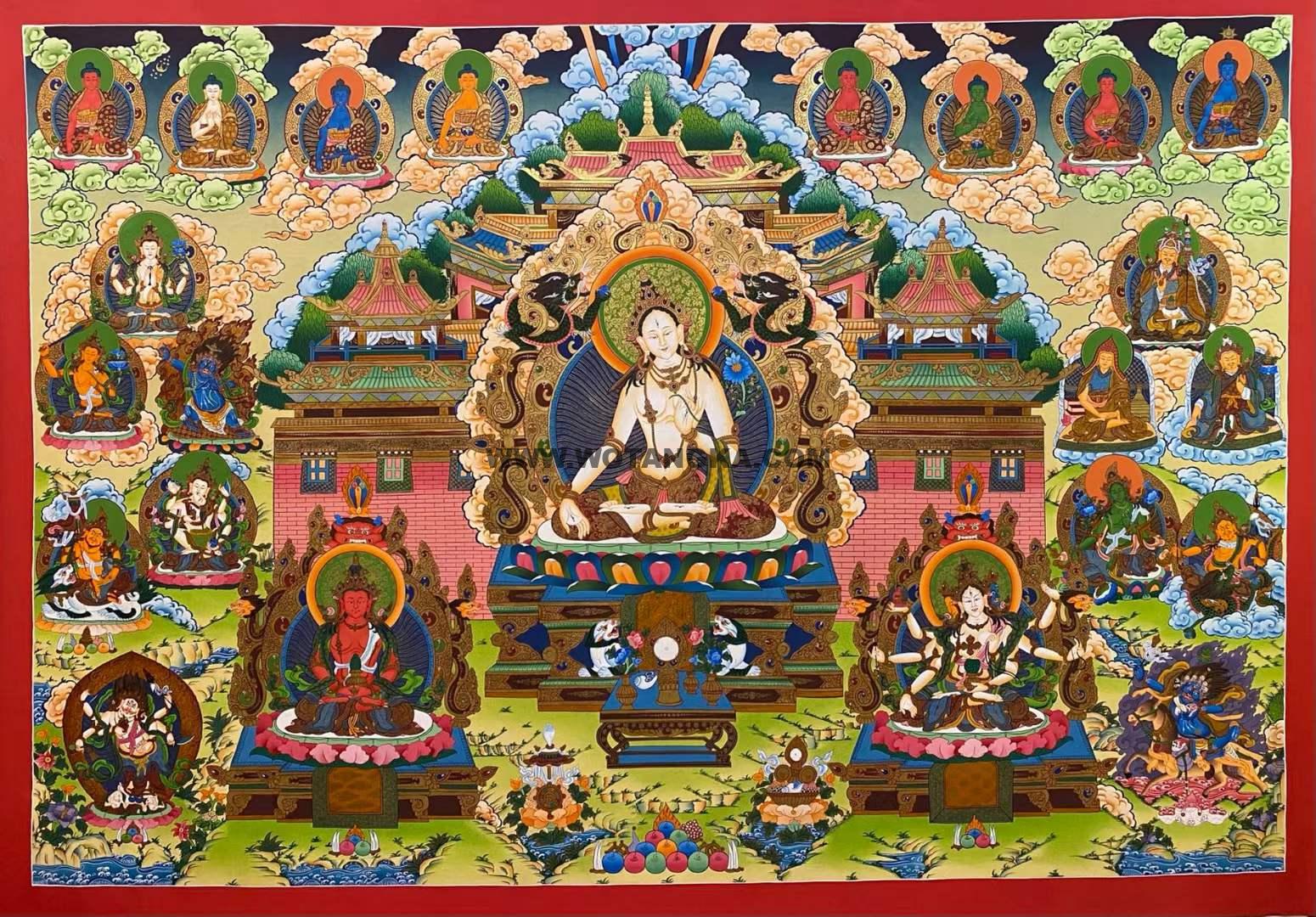 编号182-221174：彩绘唐卡-白度母·长寿三尊·极乐净土（110*160CM左右）