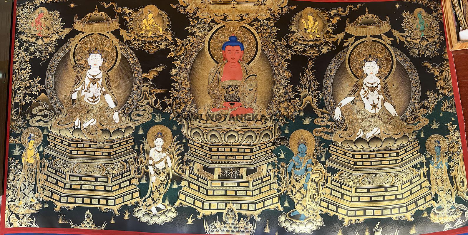 热贡-东智加·画院：黑金唐卡-阿弥陀佛·西方三圣（100*190CM左右）