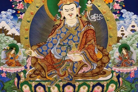 编号138-200031：彩绘唐卡-莲花生大士·师君三尊（110*75CM左右）