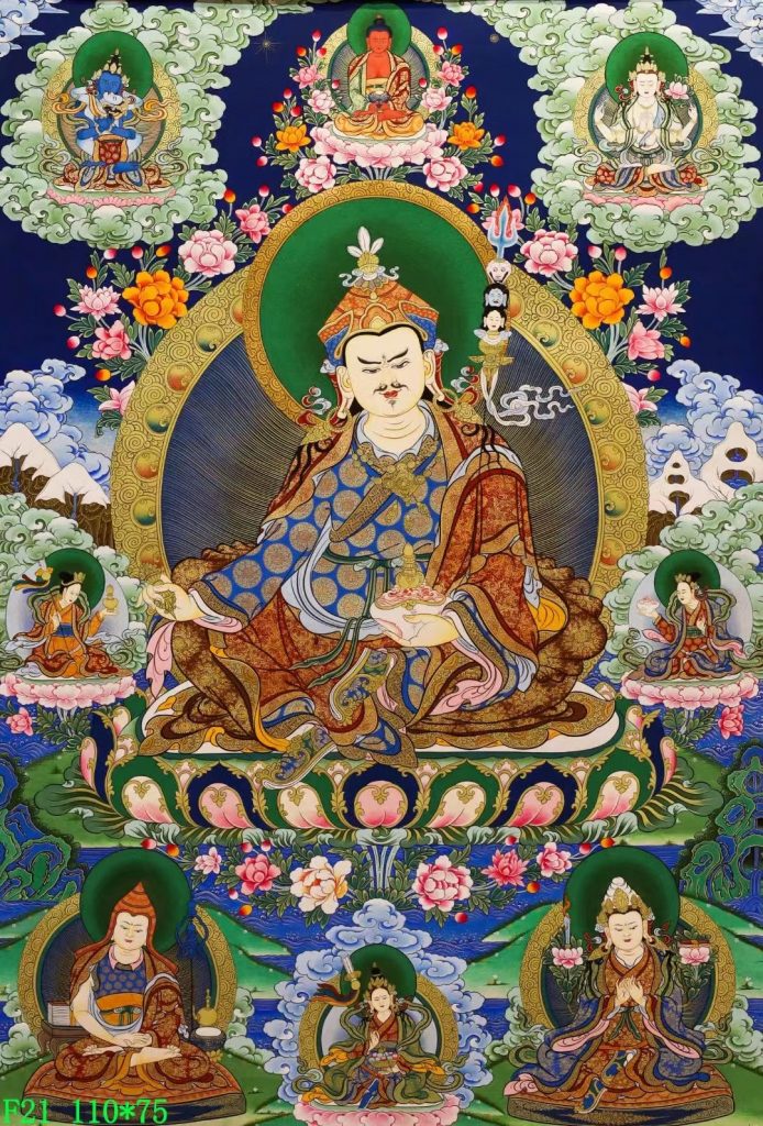 编号138-200031：彩绘唐卡-莲花生大士·师君三尊（110*75CM左右）