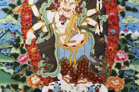 编号138-357950：彩绘唐卡-白六臂玛哈嘎拉·五方财神（76*51CM左右）