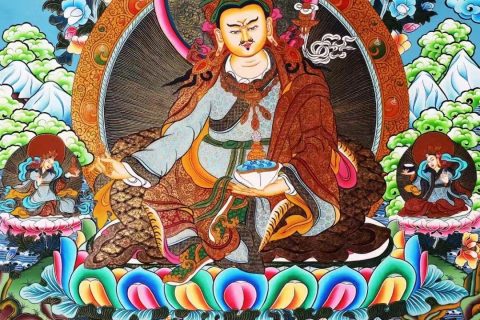 编号138-683336：彩绘唐卡-莲花生大士·师君三尊（88*55CM左右）