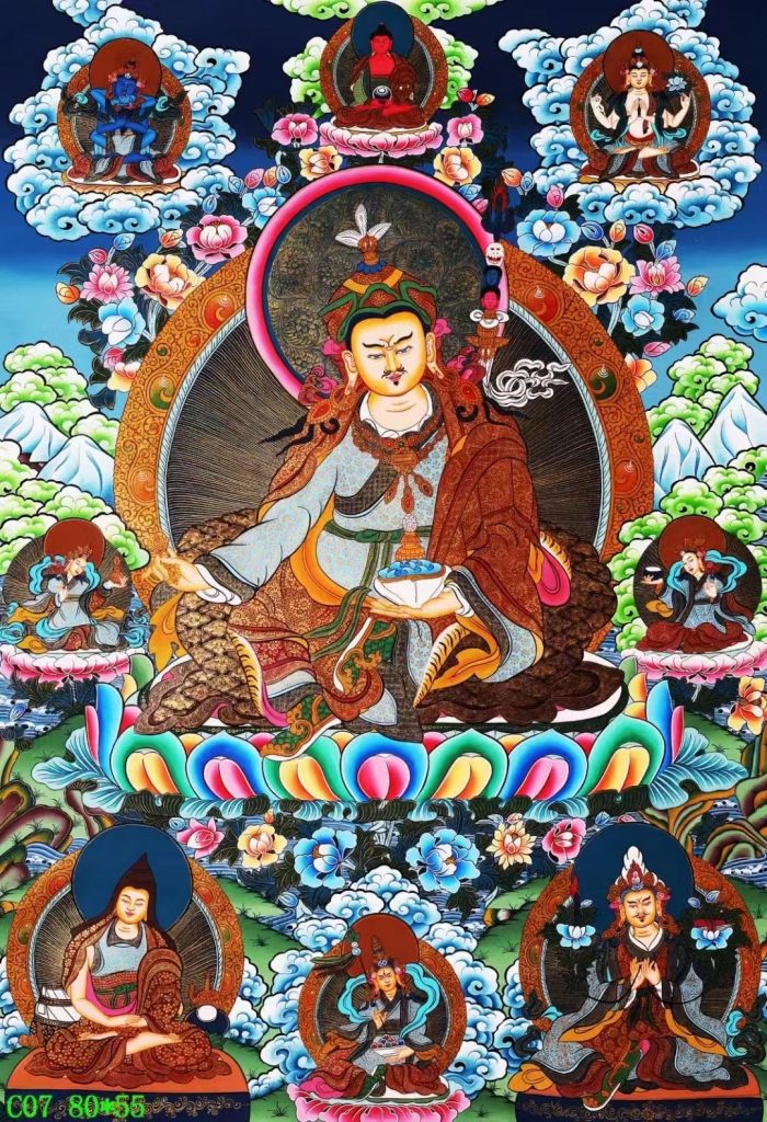 编号138-683336：彩绘唐卡-莲花生大士·师君三尊（88*55CM左右）