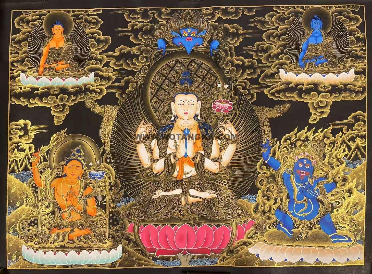 编号155-133727：黑金唐卡-四臂观音·三怙主（40*65CM左右）