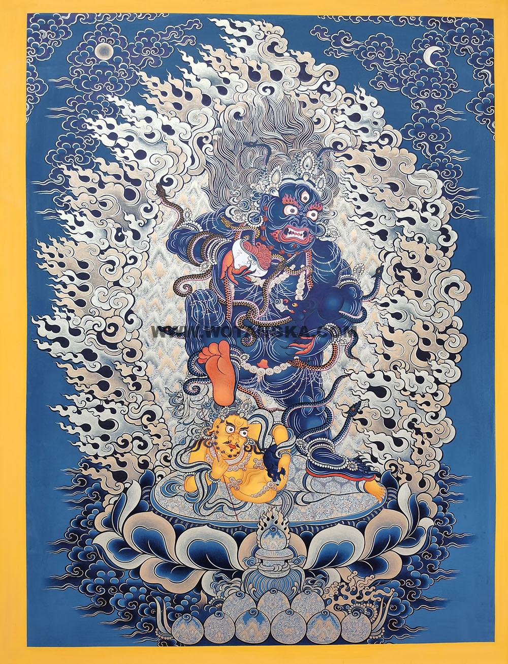 |已结缘·可定制|唐卡寄卖编号:JM·188-104038-银焰黑财神王送宝图(彩唐)