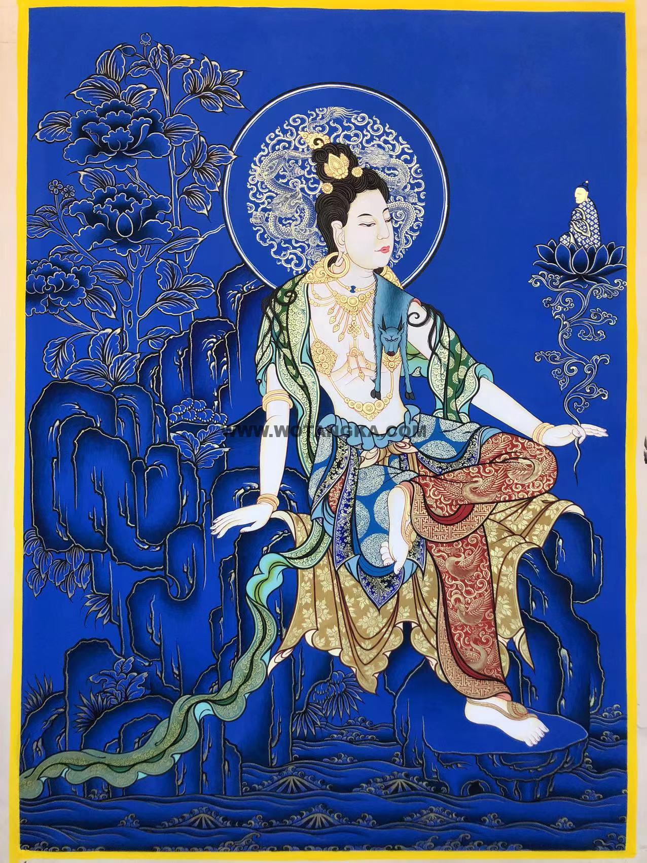 |已结缘·可定制|唐卡寄卖编号:JM·188-110097-龙纹水月观音静息图(蓝唐)