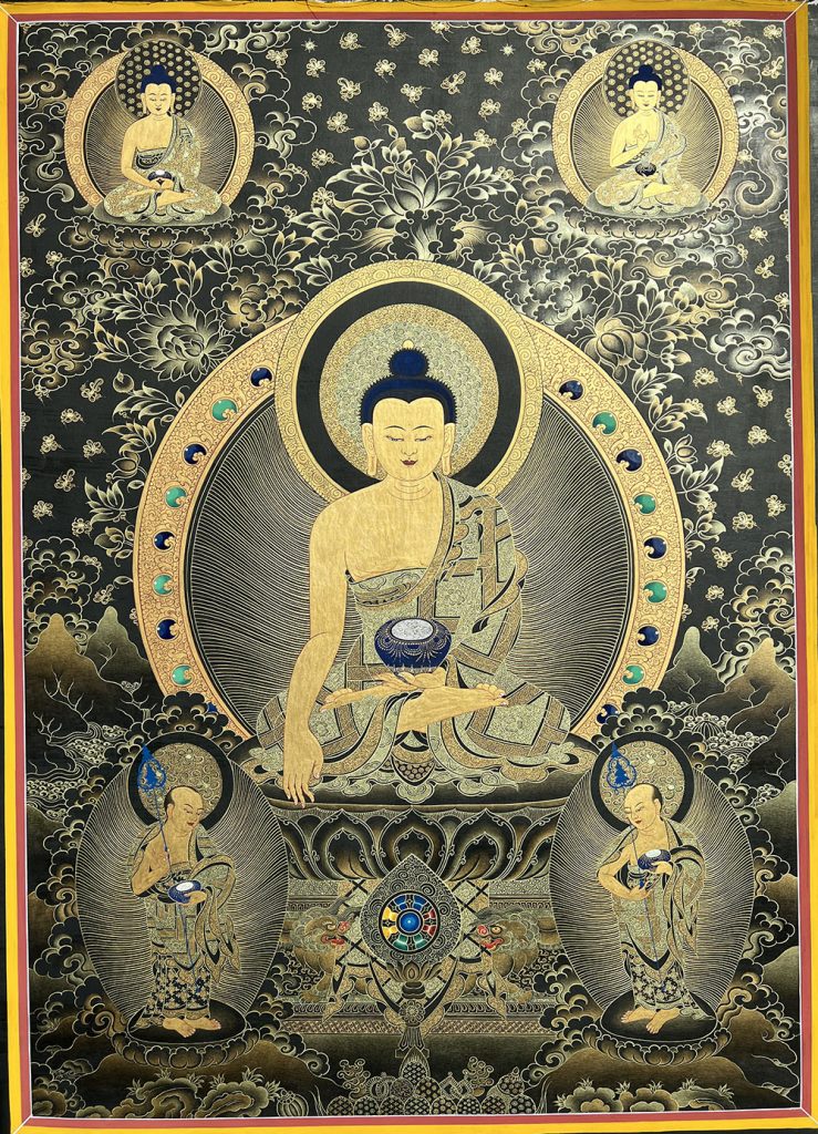 ｜已结缘·可定制｜唐卡寄卖编号：JM·188-129819-佛祖二弟子与七彩转轮宝（黑唐）