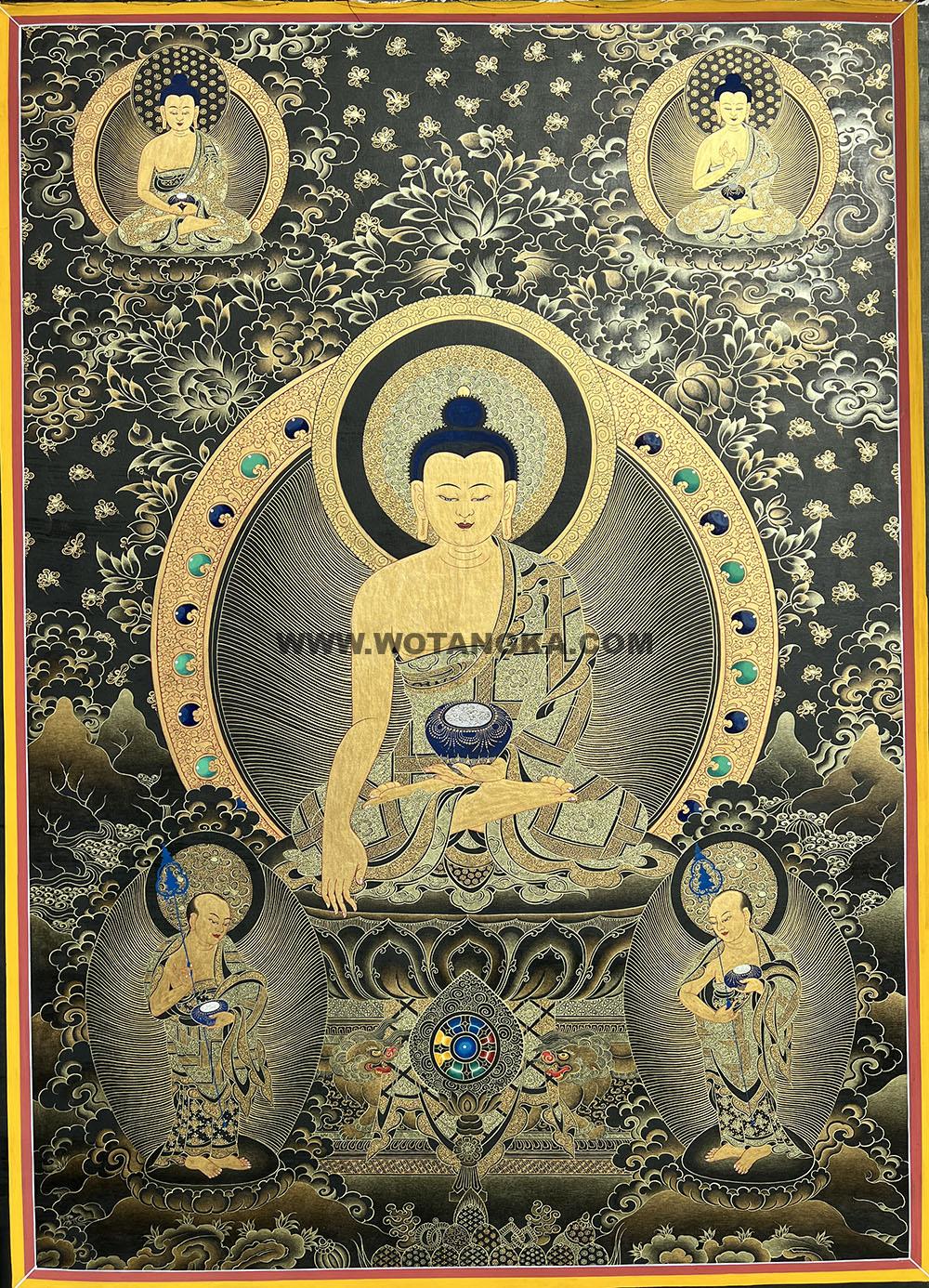 |已结缘·可定制|唐卡寄卖编号:JM·188-129819-佛祖二弟子与七彩转轮宝(黑唐)