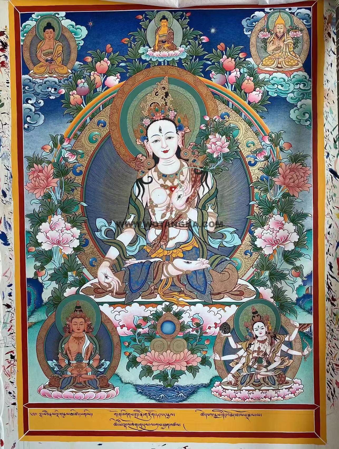 热贡-扎巴·画院:彩绘唐卡-白度母·长寿三尊(70*50CM左右)