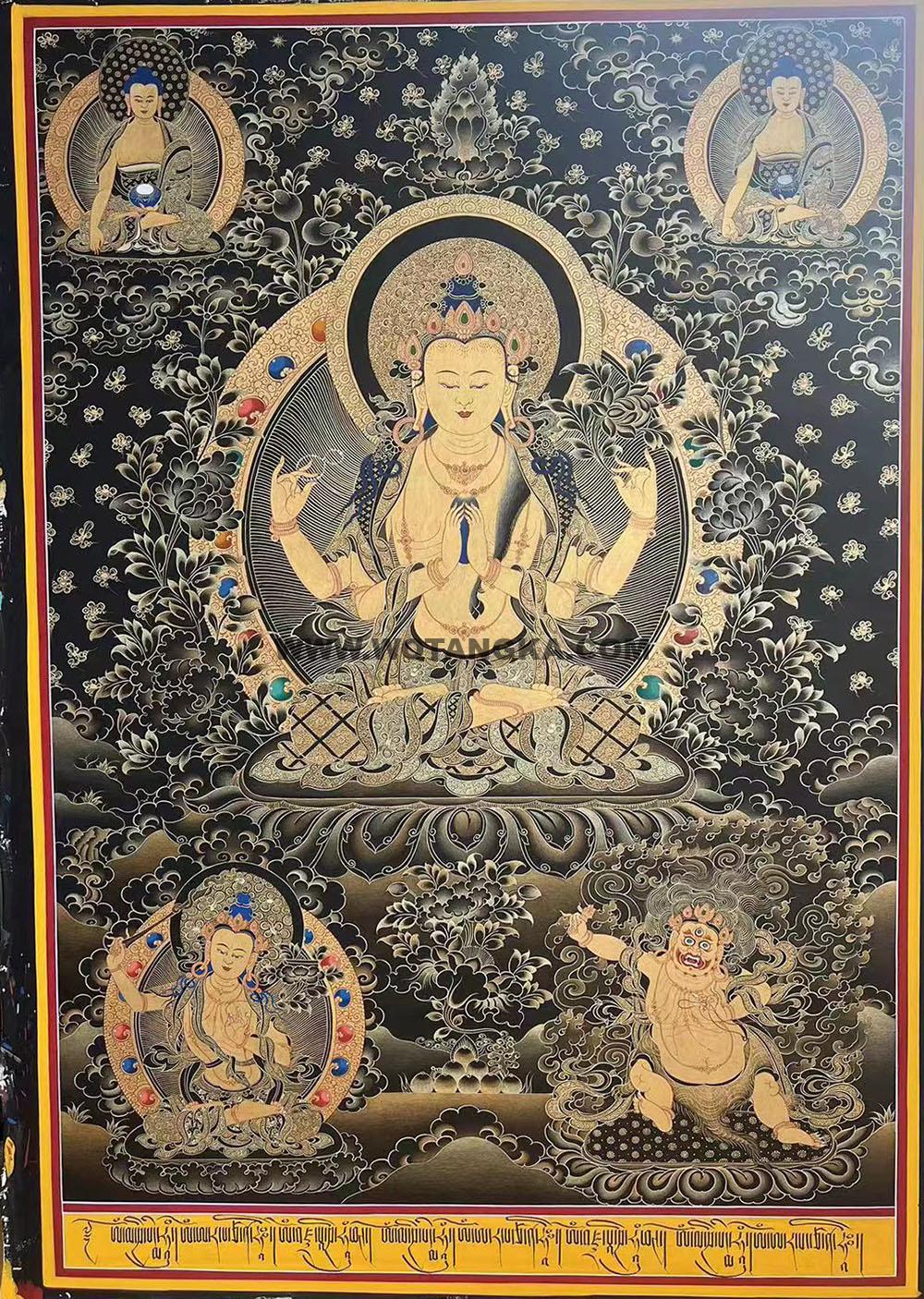 热贡-东智加·画院:黑金唐卡-四臂观音·三怙主(80*60CM左右)