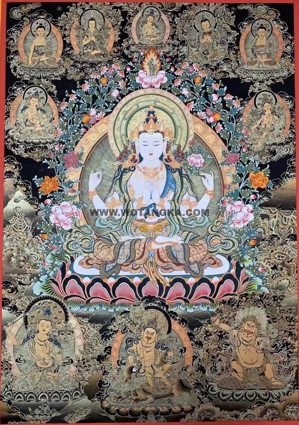 热贡-东智加·画院：黑金唐卡-四臂观音·三怙主（100*70CM左右）