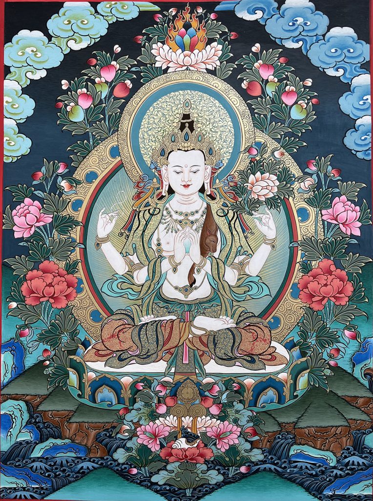｜已结缘·可定制｜唐卡寄卖编号：JM·188-310424-花海佛土四臂观音（彩唐）