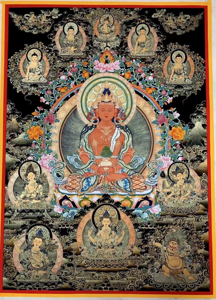 编号188-419028：黑金唐卡-长寿佛·长寿三尊（100*70CM左右）