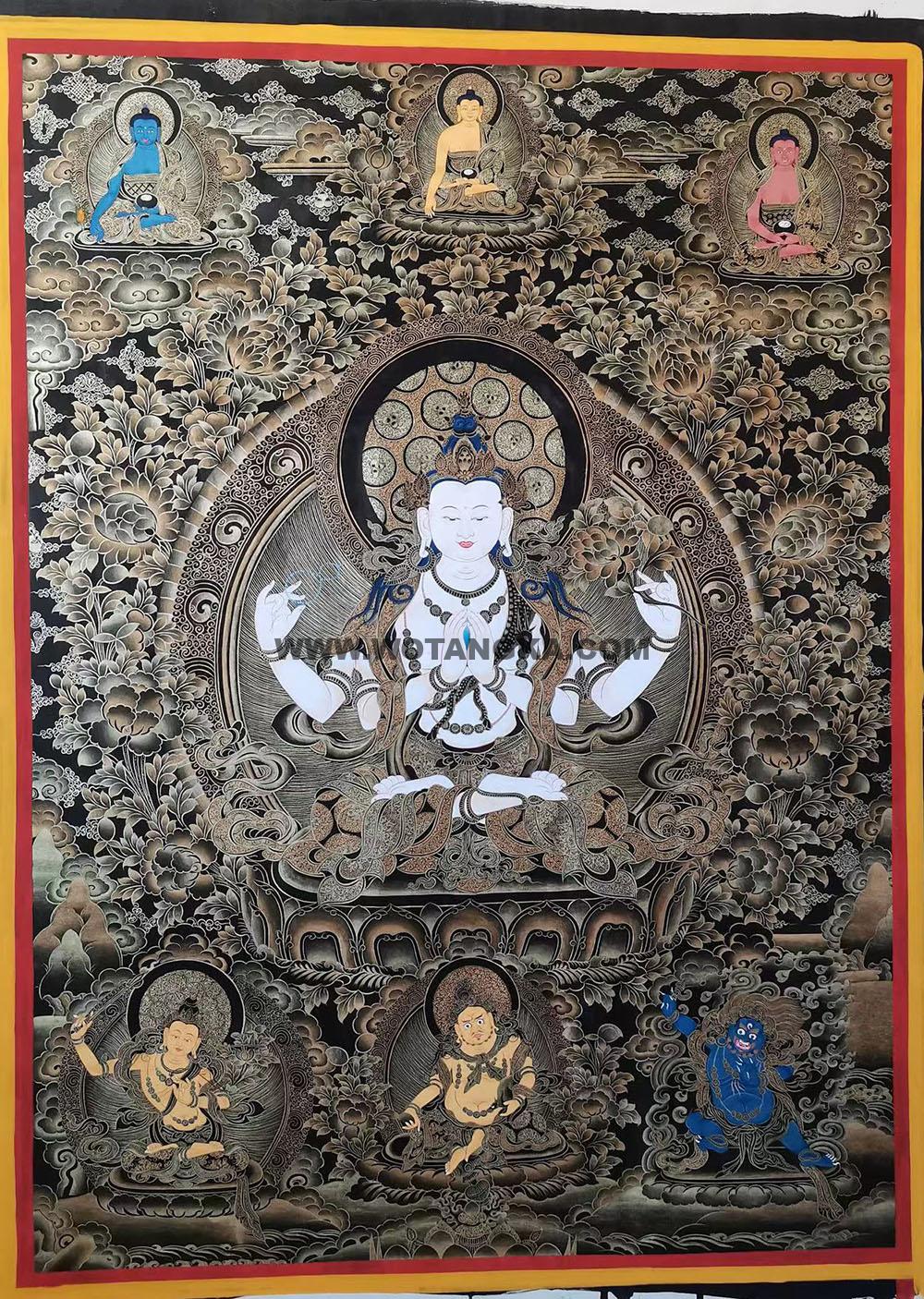 编号188-443263:黑金唐卡-四臂观音·三怙主(100*70CM左右)
