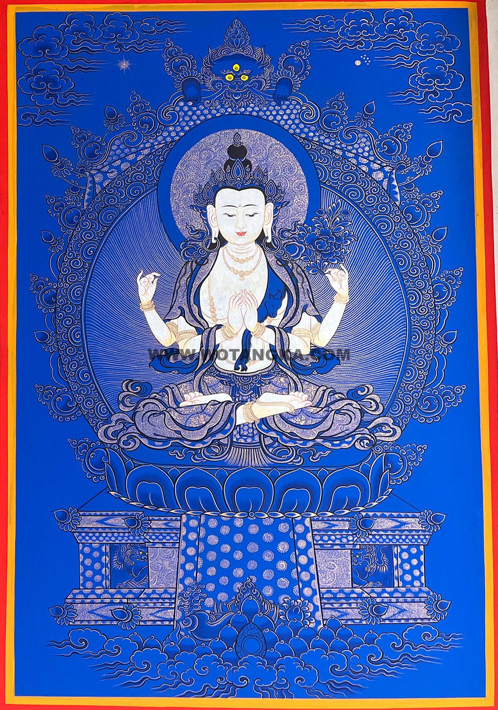 |已结缘·可定制|唐卡寄卖编号:JM·188-627566-靛蓝宝座四臂观音(蓝唐)