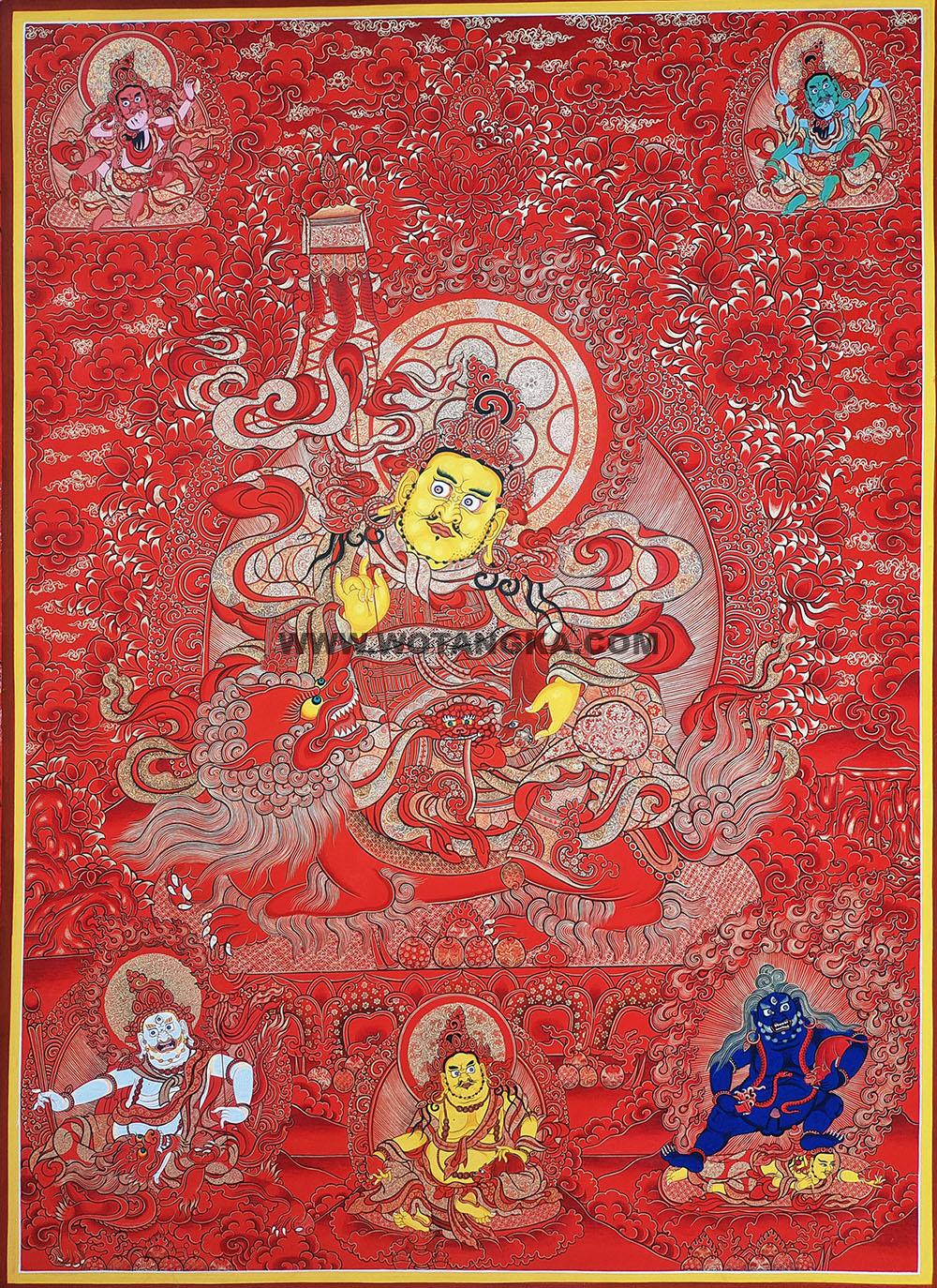 |已结缘·可定制|唐卡寄卖编号:JM·188-750183-多闻天王五方财神众(红唐)