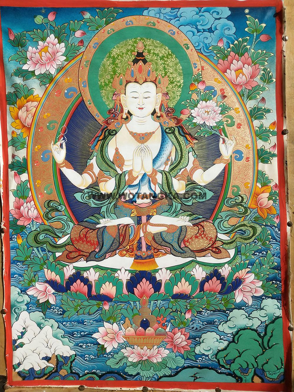 |已结缘·可定制|唐卡寄卖编号:JM·188-827500-水莲四臂观音吉祥图(彩唐)