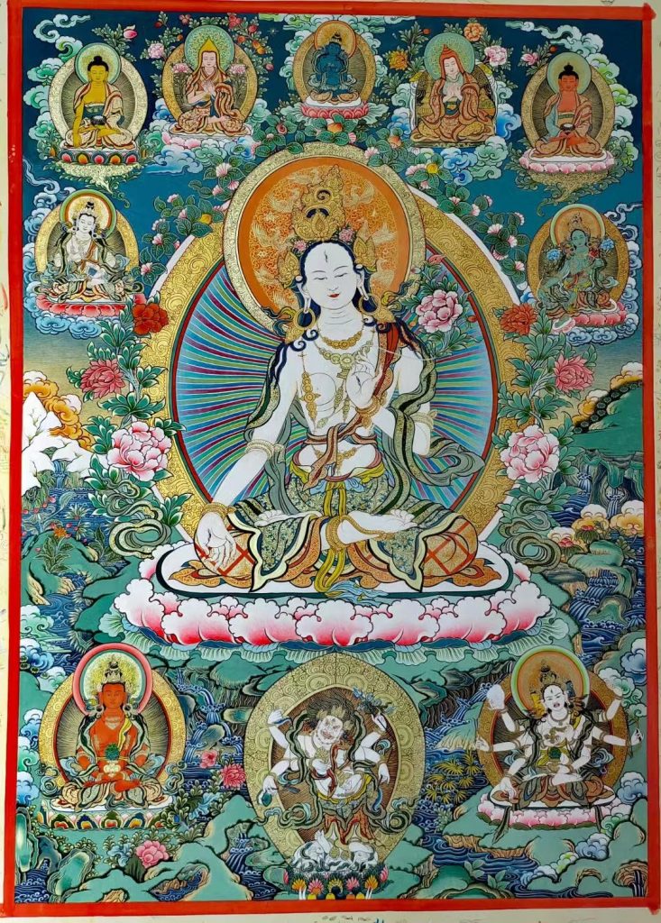 ｜已结缘·可定制｜唐卡寄卖编号：JM·188-837613-白度母虹光化现长寿净土（彩唐）