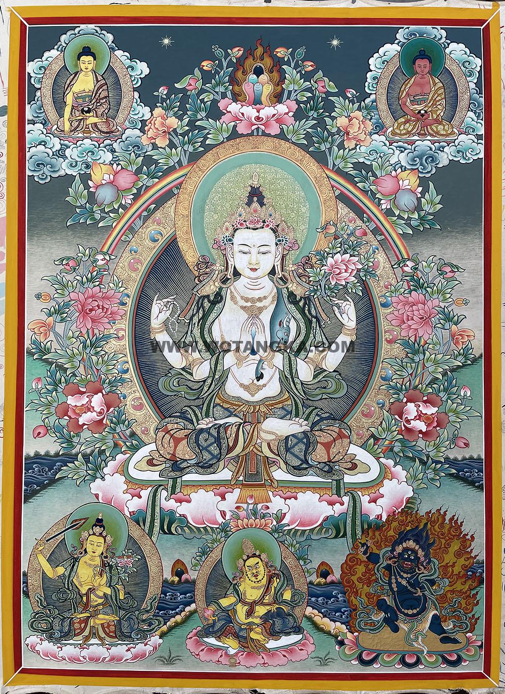 编号188-880469:彩绘唐卡-四臂观音·三怙主(70*50CM左右)